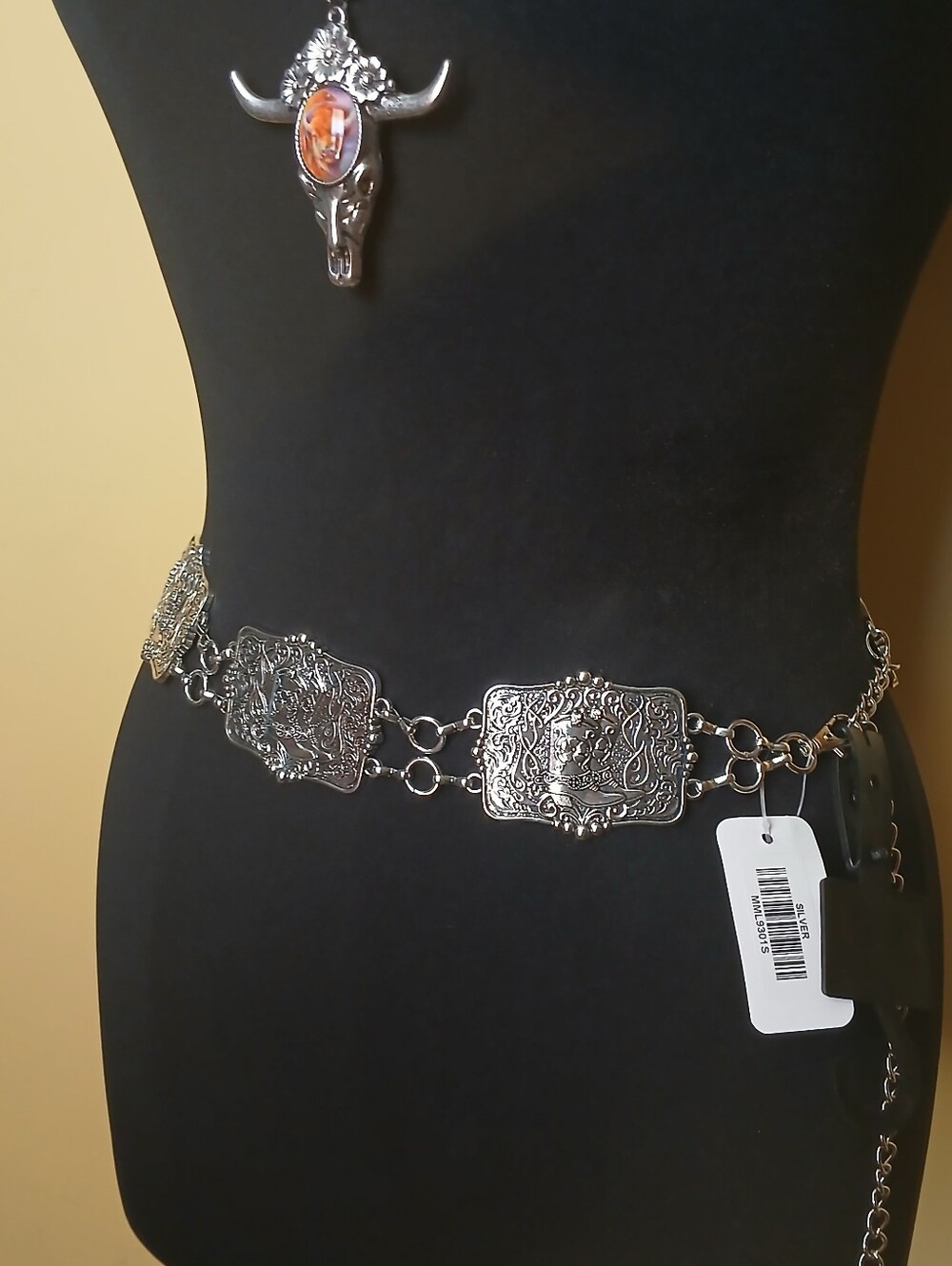 Women’s Silver Western Concho Chain Belt - Decorative Metal Plaques
